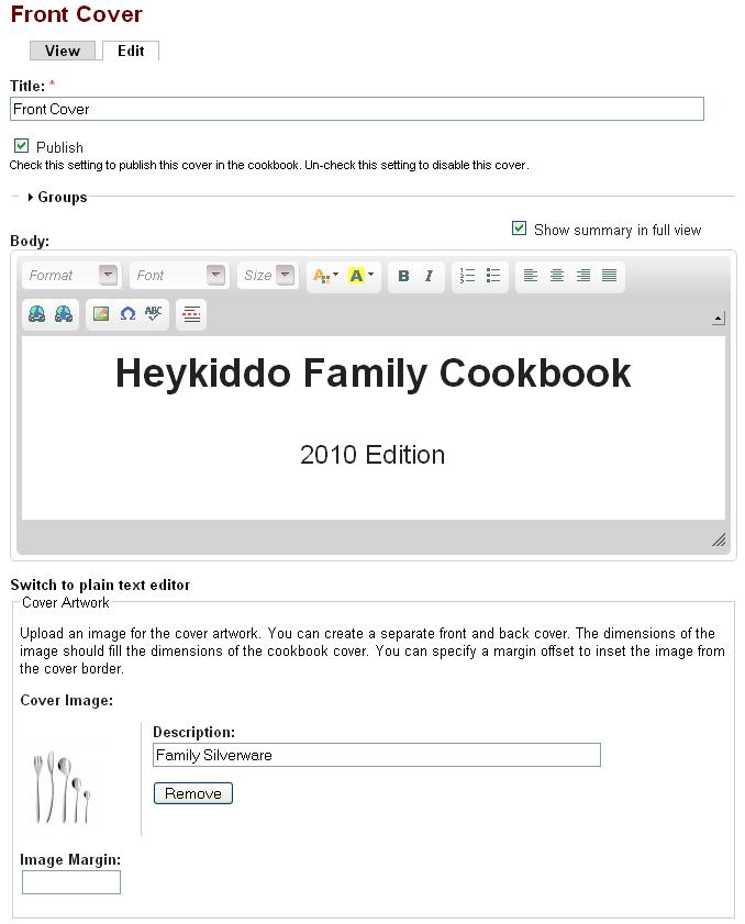 Cookbook front cover edit form